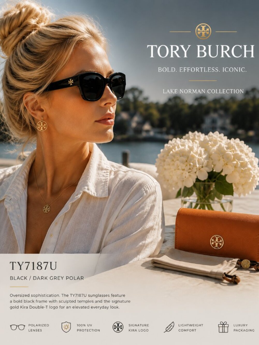 NWT Tory Burch TY7187U Black Geometric Oversized Sunglasses | Kira Logo | Case I